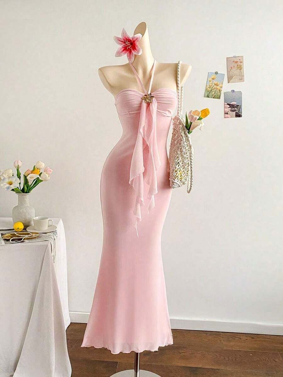 Women's Vacation Knit Mesh Ombre Romantic Fitted Halter Tie-Up Metal Buckle Decor Fishtail Maxi Dress, Suitable For Party, Date, Afternoon Tea, Sexy & Elegant - 粉色 - 查看 1