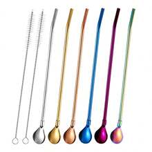 6pcs 2-In-1 Stainless Steel Straw & Spoon Set, Includes 2 Long Cleaning Brushes, 22cm/8.66in Reusable Straw & Spoon Set, Multi-Functional Drink Straw Cocktail Spoon For Milk Tea, Mixed Cocktails, Coffee Stirring - Multicolor - View 8