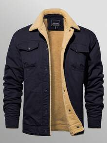 Men's Winter Jacket Lined Sherpa Jacket Warm Trucker Coat Multi Pocket - Màu xanh hải quân - Xem 1