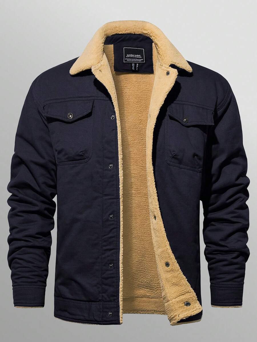 Men's Winter Jacket Lined Sherpa Jacket Warm Trucker Coat Multi Pocket - Màu xanh hải quân - Xem 1