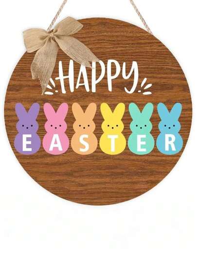 1个复活节兔子木质门挂，带蝴蝶结，可作墙饰和春季家居装饰，节日派对装饰品
