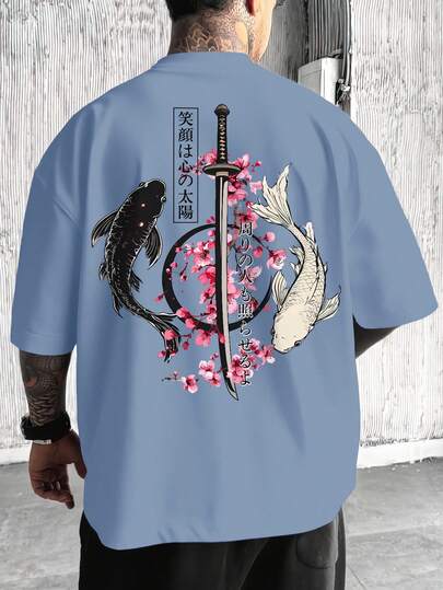 男士春夏日式阴阳锦鲤武士刀图案印花圆领白色T恤