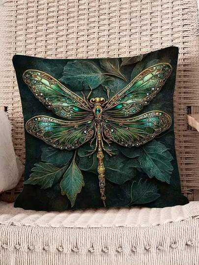 1/2/4pcs Luxury Green Dragonfly Decorative Throw Pillow Covers, Single-Sided Vintage Style Without Filling, Zippered, Machine Washable, No Pillow Insert, Modern Or Boho Style