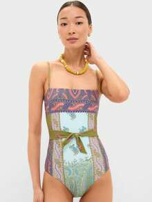2026 Summer Beach Allover Print Backless One Piece Swimsuit,Elegant,Valentine's Day,Beach,Vacation,Carnival,Casual,Chic,Summer Outfits,Summer Holiday Outfits,Spring,Valentine Outfits For Women,Carnival. - Màu xanh lam - Xem 1