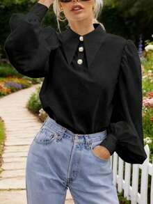 Top à manches bouffantes avec boutons perle pour femmes grandes tailles, blouse ample style palais rétro à manches lanternes, chemise noire pour le travail et les sorties au printemps - Noir - Voir 4