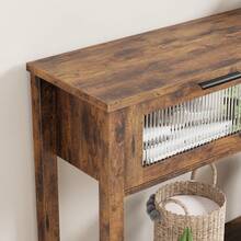 Consola Moderna con Estantes y 2 Cajones de Vidrio - Mesa de Entrada Estrecha y Larga | Estilo Rústico, Color Marrón, Ideal para Sala, Pasillo o Estilo Campestre - Marrón - Ver 3