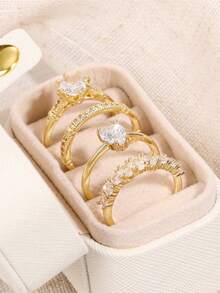 4 piezas Anillos de circonita cúbica preciosos con caja para mujeres para boda, compromiso, aniversario, fiesta, joyería, regalo del Día de San Valentín - 1# - Ver 4