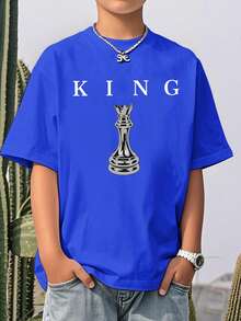 Short-Sleeved T-Shirt With Round Neck And Casual Graphic Print For Children And Teenagers, Summer Top - 藍色 - 查看 2