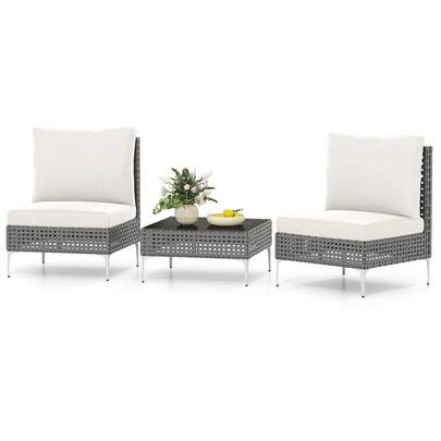  COSTWAY 3-Piece Patio Set, PE Wicker Bistro Conversation Chairs With Glass-Top Coffee Table, Comfortable Back & Seat Cushions, Sturdy Metal Frame, Outdoor Furniture Set For Deck, Porch, Poolside, Garden, White