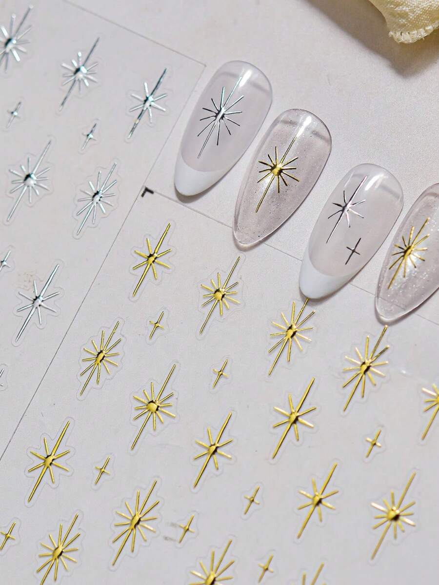 1片金色星光激光粉彩色闪光粉星光闪亮烫印美甲装饰贴纸DIY美甲装饰美甲用品美甲 - 金色 - 查看 1