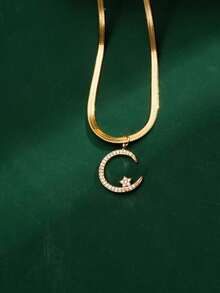 2026新款18K镀金不锈钢项链，搭配镶嵌3D立方氧化锆星月图案的铜质吊坠，适合女性日常及节日佩戴。 - 黃色 - 查看 4