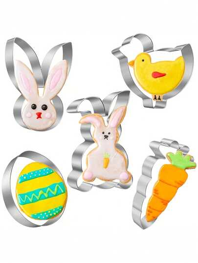 5pcs Easter Baking Cookie Cutter Set - Stainless Steel, Includes Rabbit, Carrot, Duck, Egg And Clover Shapes, Suitable For Holiday Baking, Easter Party DIY, Cookie Making Tools, Bunny And Egg Shapes