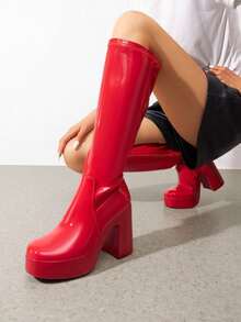 Botas altas hasta la rodilla de mujer con plataforma y tacón ancho, punta cuadrada, de unicolor versátil y de moda - Rojo - Ver 2