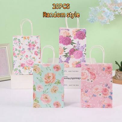 20pcs Colorful Flower Kraft Paper Gift Bags, Kraft Paper Bags Suitable For Shopping, Parties, Birthdays, Weddings And Various Events, Reusable, Fashion & Elegant