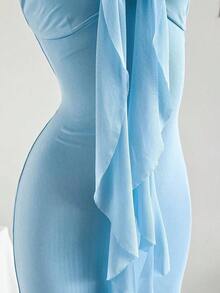 Women's Vacation Knit Mesh Ombre Romantic Fitted Halter Tie-Up Metal Buckle Decor Fishtail Maxi Dress, Suitable For Party, Date, Afternoon Tea, Sexy & Elegant - 藍色 - 查看 5