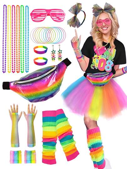 16Pcs D EXCEED 80s Accessories For Women Neon Retro1980s 90s Party Outfits Workout Costume Headband Fanny Pack Earrings Fishnet Gloves Necklace Bracelet Leg Warmer