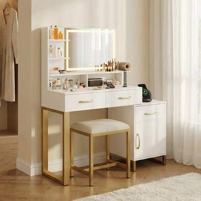 Vanity With Lighted Mirror, 3-Color Adjustable LED Lights, 3 Drawers, Charging Port, Open Shelves, Hairdryer Holder, White And Gold Vanity Set With Stool For Girls Bedroom
