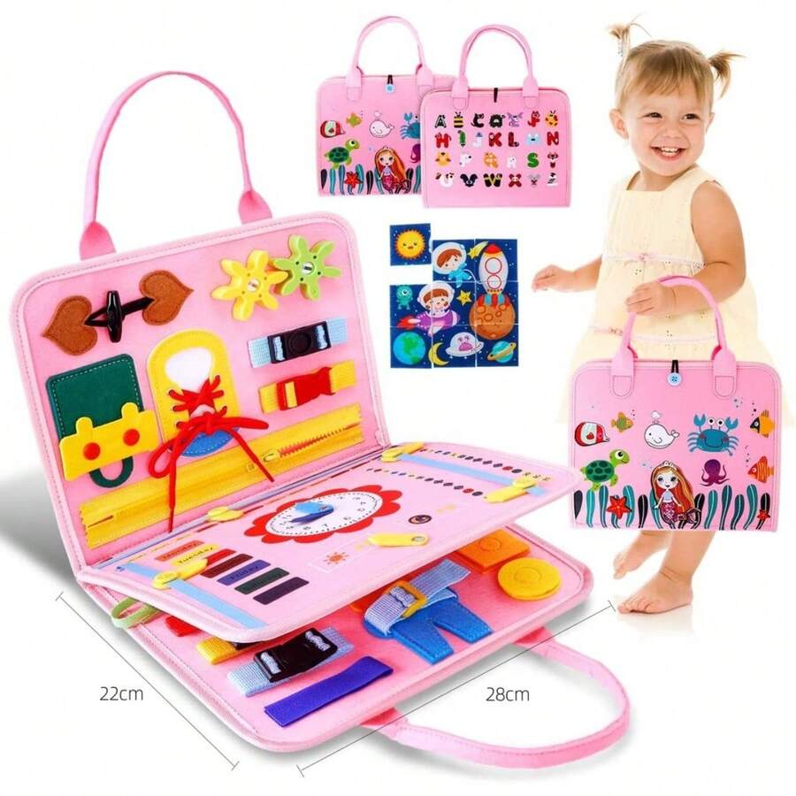 Montessori Busy Board - Sensory Life Skills Activity Toy With Zipper And Button Learning, Present - Rose Red - View 1