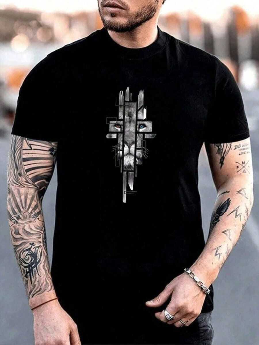 Men's T-Shirt Lion Yeshua Cross And Sword 100% Cotton - 黑色 - 查看 1