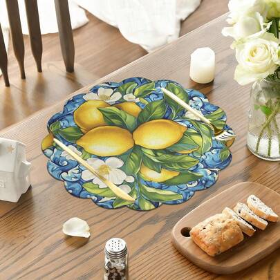 1 Stück/Set, Zitronen & Kamelien Blumen, runde Leinen Tischset, 38cm, saisonale Küchen- und Esszimmer Dekoration, Frühling/Sommer Heim-Dekoration, geeignet für Partys, Zusammenkünfte, Familienmahlzeiten