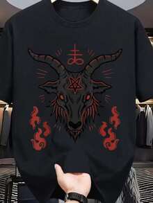 Gothic Men's T-Shirt With Stylized Goat Art In Red And Black Lines, Creating An Intense, Dramatic Composition Full Of Visual Symbolism; Perfect Men's T-Shirt For Men Who Appreciate Dark Aesthetics, Powerful Illustration, And Alternative Elements That Convey Courage, Style, And A Striking Personality, Ideal For Pairing With Dark Jeans, Heavy Jackets, And Urban Looks That Elevate Presence And Identity Within The Gothic Fashion Universe. - 黑色 - 查看 1