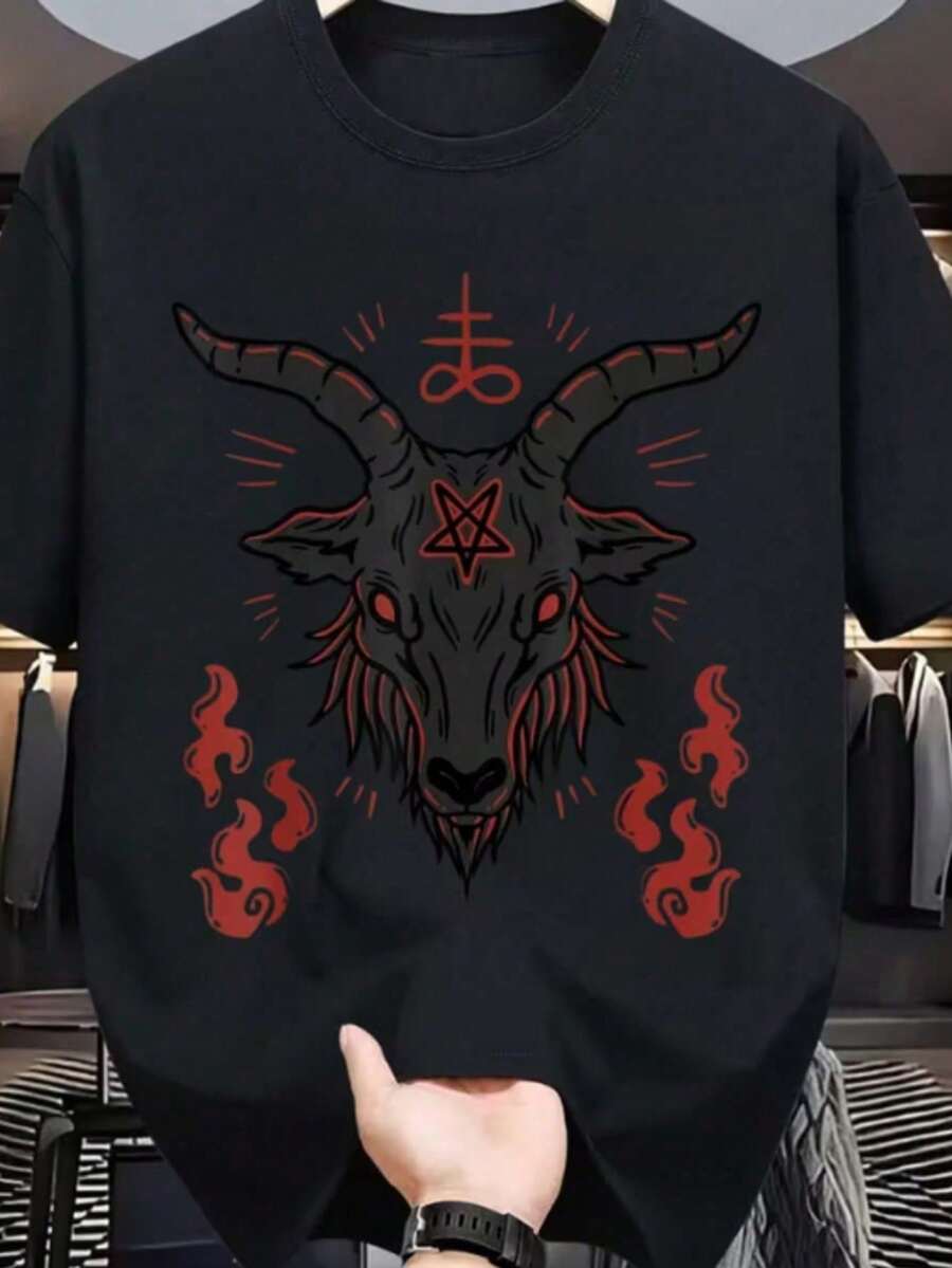 Gothic Men's T-Shirt With Stylized Goat Art In Red And Black Lines, Creating An Intense, Dramatic Composition Full Of Visual Symbolism; Perfect Men's T-Shirt For Men Who Appreciate Dark Aesthetics, Powerful Illustration, And Alternative Elements That Convey Courage, Style, And A Striking Personality, Ideal For Pairing With Dark Jeans, Heavy Jackets, And Urban Looks That Elevate Presence And Identity Within The Gothic Fashion Universe. - 黑色 - 查看 1