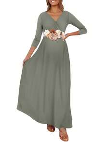 Elegant Sage Green Maternity Maxi Tunic Dress With Floral Appliques V-Neck Half Sleeve Wrap Design Made From High Stretch Knitted Fabric - 薄荷綠 - 查看 10