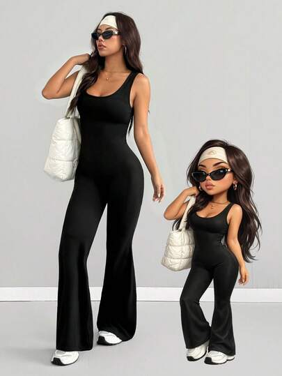 AITYI Studio Women's Jumpsuit, Well Fitted, Casual U-Neck Solid Color Minimalist Fashionable Sexy Comfortable Slim Fit Outdoor Street Commute Sportswear, Suitable For Graduation, New Year, Valentine's Day, Carnival, Spring/Summer All-Season Stretchy Knit Camisole & Flared Leg Pants