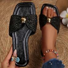 Women's Bow Sandals With Slides And Slippers Dressy Square Open Toe Comfortable Summer Casual Vacation Beach Shoes Flats - màu đen - Xem 2