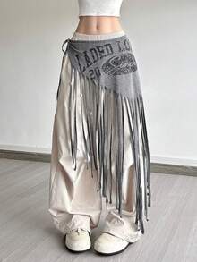 Chân váy dài tua rua bất đối xứng Kliou mùa hè dành cho nữ, phong cách boho thường ngày với họa tiết đồ họa, thời trang đường phố, hipster, co giãn, thích hợp cho lễ hội, sân khấu, hòa nhạc. - Xám - Xem 4