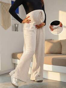 Pantalones rectos de maternidad con rayas elásticas, con cintura ajustable para soporte de vientre, con abertura en el bajo, pantalones anchos para uso diario en casa y al aire libre en verano - Albaricoque - Ver 3