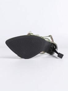 女士印花珍珠一体式搭扣高跟凉鞋，交叉系带尖头镂空细高跟时尚鞋 - 綠色 - 查看 9