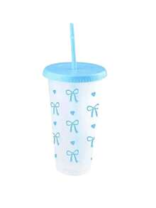 1个/5个装 710毫升/24.98盎司 可重复使用塑料杯，带粉色丝带、吸管和盖子，塑料吸管杯，粉色蝴蝶结心形吸管杯，旅行杯，塑料杯，奶茶杯，冰咖啡杯，夏季饮料杯，大容量果汁杯，为您的冰咖啡、水、奶昔提供充足空间 - 彩色 - 查看 15