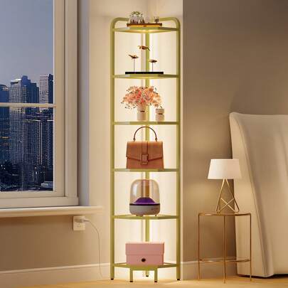 HEXCELEN Corner Shelf With LED Lighting,5-Tier Glass Bookshelf,Steel Frame, Tempered Glass, Modern Style Corner Shelf,Suitable For Living Rooms, Bedrooms And Games Rooms, Golden