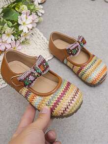 1 Pair Kids Hook And Loop Flat Shoes, 2026 New Spring Girls Knitted Soft Bottom Casual Performance Fashion Shoes, Girls Bowknot Fashionable Shoes - Brown - View 2