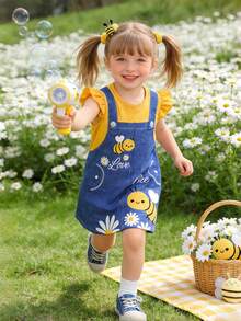 女童无袖连衣裙，春夏无袖连衣裙，卡通蜜蜂印花，柔软面料，亲肤材质，休闲风格，日常穿着，适合4-7岁女孩，女童蜜蜂印花无袖连衣裙 - 黃色 - 查看 1