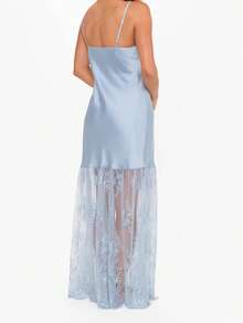 Women's Y2k Satin Slip Maxi Dress Spaghetti Strap Sleeveless Lace Patchwork Long Dresses Elegant Evening Gown - Màu xanh lam - Xem 3