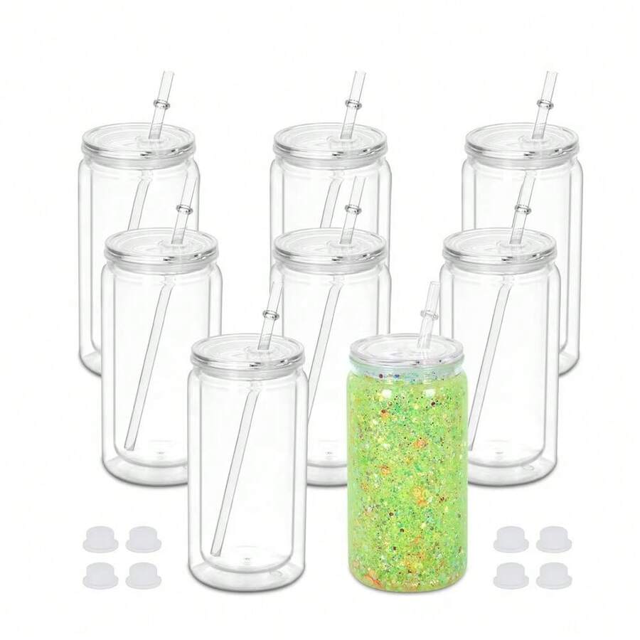475ml doppelwandiger transparenter isolierter Becher mit Strohhalm und Deckel - PC Kunststoffmaterial, vorgebohrte Löcher für einfache Strohhalm-Installation, hervorragende Isolierung für heiße und kalte Getränke, geeignet für Büro, Camping, Partys und auch als Geschenk zur Graduierung oder zum Vatertag verwendbar - Verschiedenfarbig - Übersicht 1