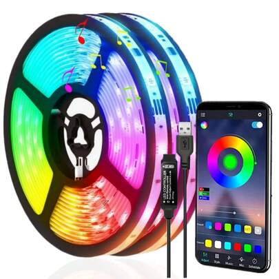 Juego de tiras de luces LED de 5V, controladas por aplicación, inalámbricas RGB, iluminación ambiental para TV, sala de estar, dormitorio, luces LED intermitentes, adecuadas para decoración de Halloween/Navidad/Luces de Navidad