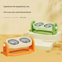 1pc Adjustable Raised Green & Orange Dual Pet Bowl, Stainless Steel Pet Feeder Stand, Indoor Home Dog Cat Daily Feeding, Modern Pet Care - 500ml - View 1