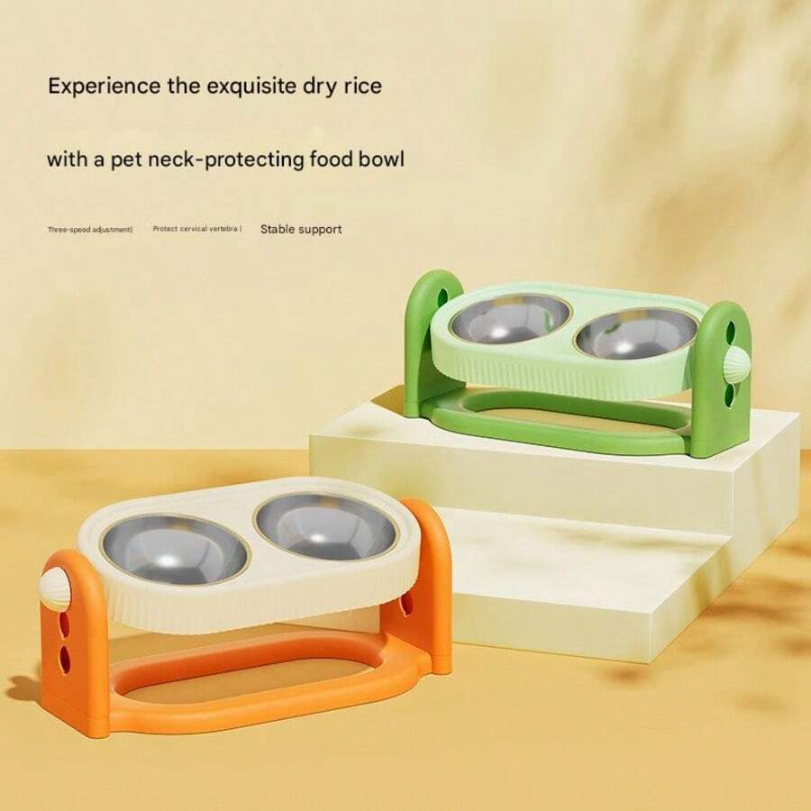 1pc Adjustable Raised Green & Orange Dual Pet Bowl, Stainless Steel Pet Feeder Stand, Indoor Home Dog Cat Daily Feeding, Modern Pet Care - 500ml - View 1