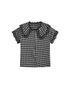 Áo sơ mi nữ tay ngắn cổ Peter Pan bằng vải chiffon, kiểu dáng thanh lịch, thường ngày, họa tiết kẻ caro và ren, màu đen. - màu đen - Xem 8