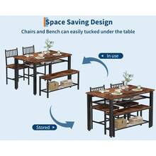 Juego de mesa y sillas de cocina para 4 personas, mesa de comedor moderna de 120 cm con banco y sillas, estante de almacenamiento y estructura de metal, ideal para ahorrar espacio en el comedor, la cocina o el apartamento. - Marrón - Ver 6