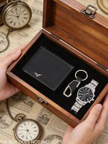 3-Piece Luxury Business Men's Watch Set, Including Black Dial Roman Numeral Quartz Watch, Black Embossed Leather Wallet, And Black Leather Keychain With Silver Ring. Multi-Functional Chronograph Design, Radiating Steady And Elegant Charm. Suitable For New Year Commute, Business Meetings, Daily Outings, And Various Occasions. - Silver - View 7