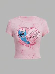 Disney 4件套印花图案时尚女式收腰圆领短袖T恤，春秋季组合装 - 彩色 - 查看 4