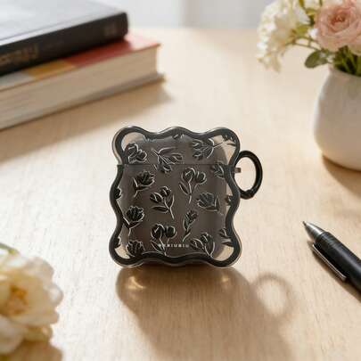 黑色郁金香花朵图案保护套，兼容苹果蓝牙耳机，防刮防震，也兼容苹果蓝牙耳机保护套。