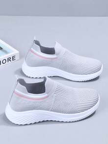 女士透气网面休闲运动鞋，防滑软底一脚蹬舒适妈妈鞋，圆头宽松休闲鞋，适合日常行走，弹性鞋口，春夏款 - 淺灰色 - 查看 8