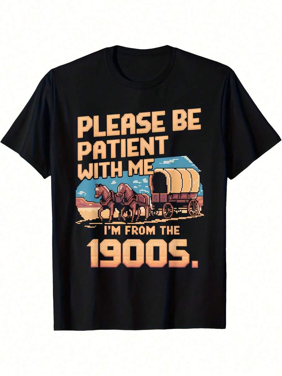 Men's Vintage 1900s R T-Shirt - Please Be Patient with Me I'm From the 1900s Saying - Heavyweight 180 G Crewneck Tee - Loose Fit Casual Shirt with 1900s Nostaia Design - Black & Or - Negro 28 - Ver 1
