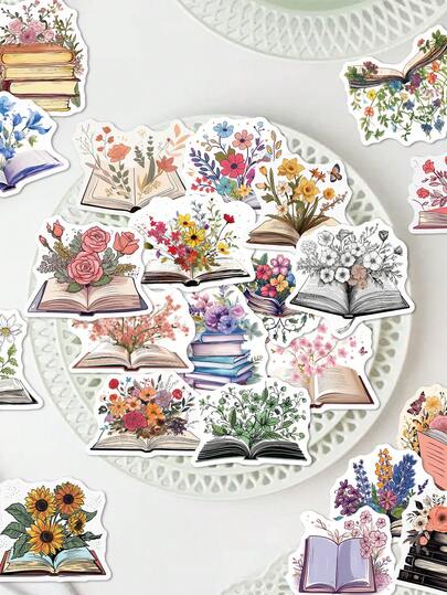 50pcs Adorable Book-Themed Flower Stickers Retro Vintage Designs Perfect For Scrapbooking Supplies, Notebooks, Tablets, Parties, Suitcases, Desks, Gifts, And Planner Decorations