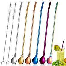 6pcs 2-In-1 Stainless Steel Straw & Spoon Set, Includes 2 Long Cleaning Brushes, 22cm/8.66in Reusable Straw & Spoon Set, Multi-Functional Drink Straw Cocktail Spoon For Milk Tea, Mixed Cocktails, Coffee Stirring - Multicolor - View 1